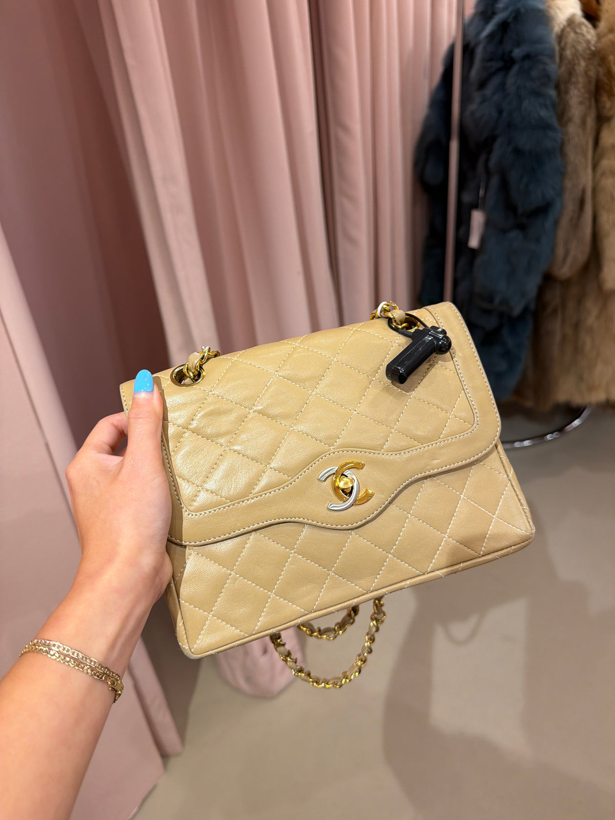 Chanel Beige Two Tone Hardware Matelassé Double Flap