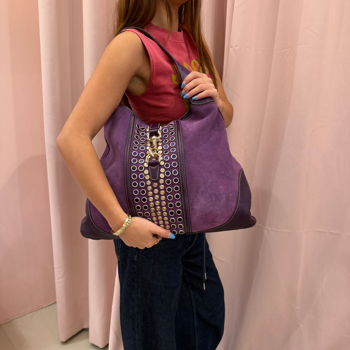 Gucci Purple Suede Jumbo Studded Jackie Shoulder Bag