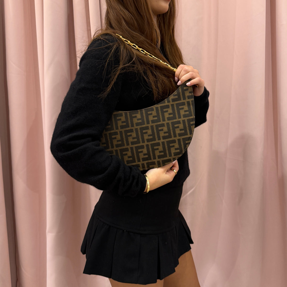 Fendi Zucca Monogram Moon Shoulder Bag w/ Chain Strap