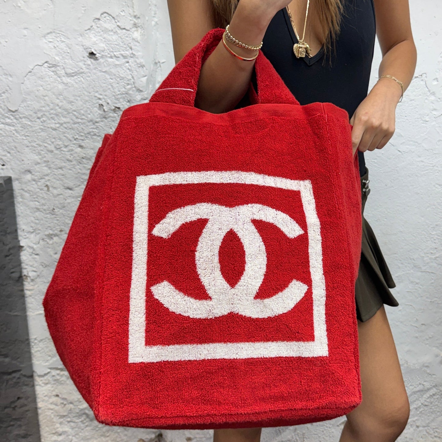 Chanel Red & White Terry Cloth Beach Towel Bag