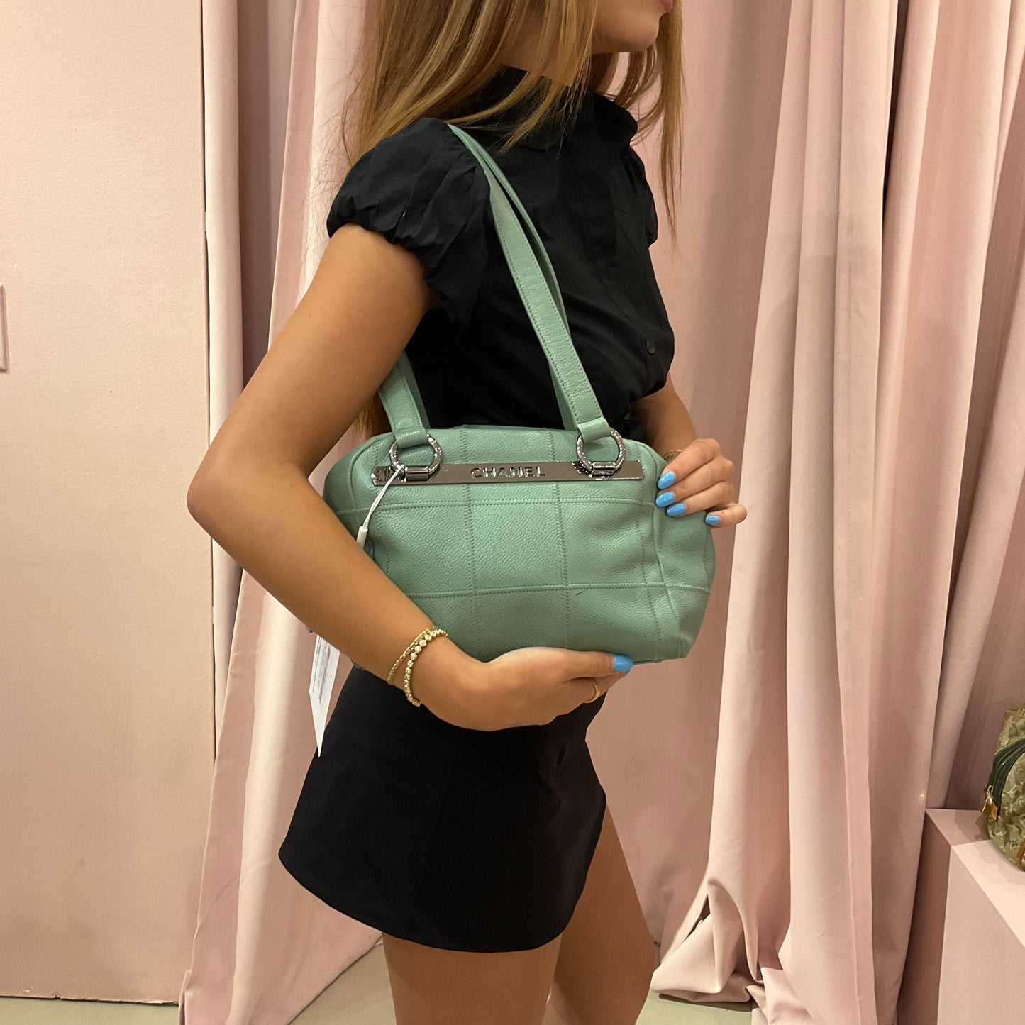 Chanel Mint Green Caviar Leather LAX Square Quilted Bowler Bag