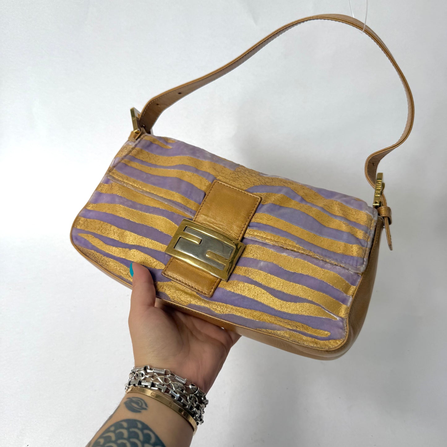 Fendi Gold & Purple Zebra Printed Baguette Shoulder Bag