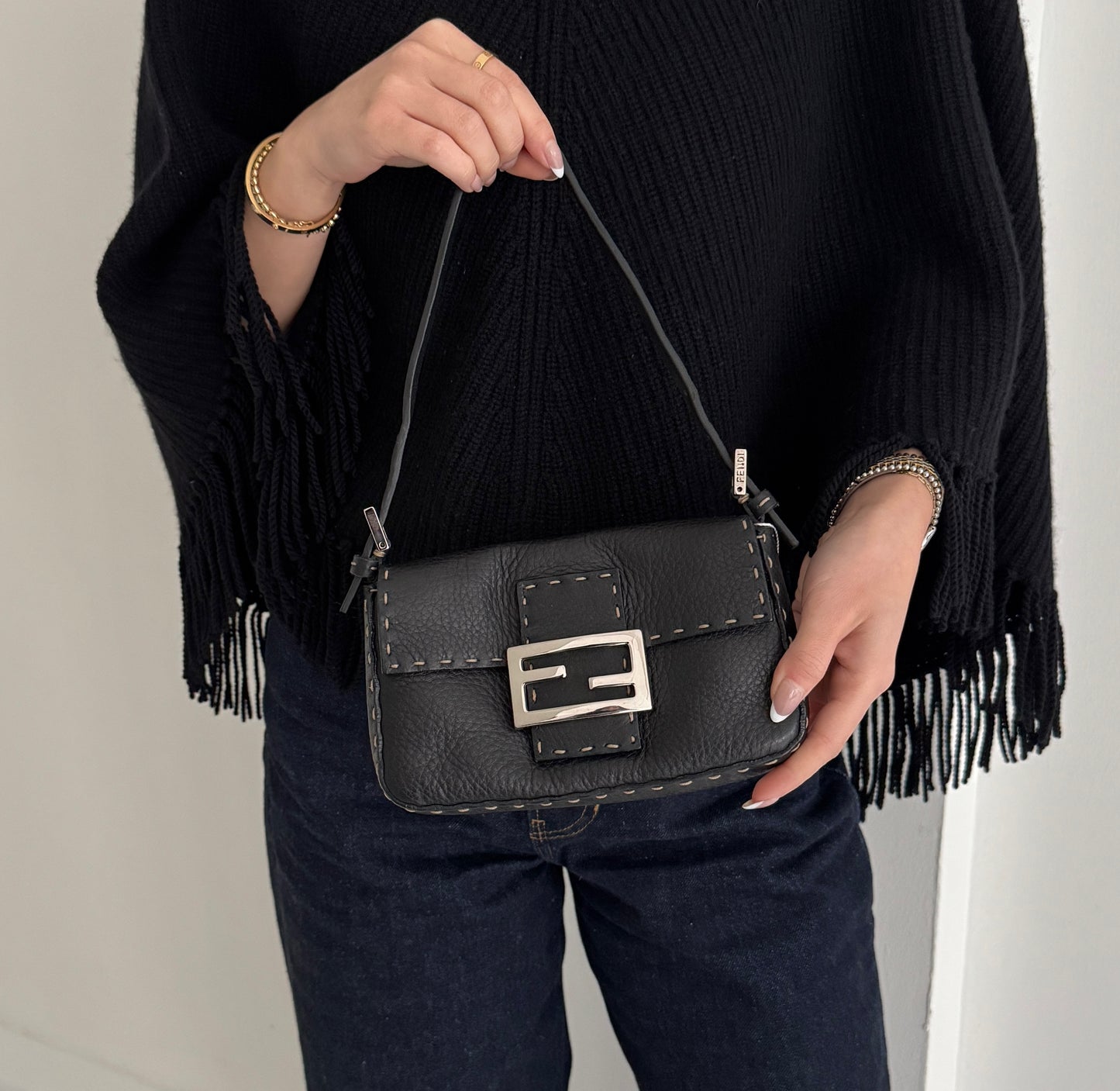 Fendi Black Pebbled Leather Selleria Mini Baguette