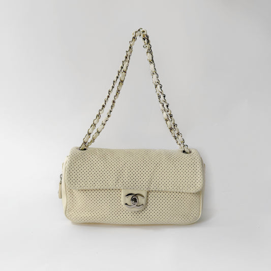 Chanel White Perforated Green Bottom Zipper Flap Bag