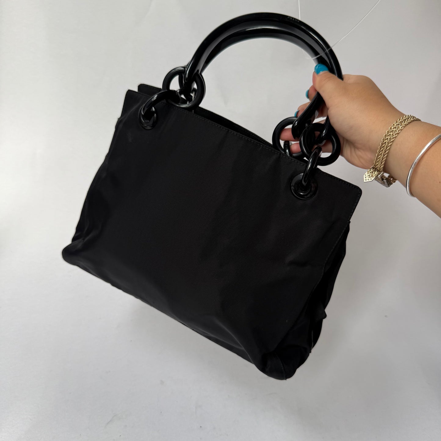 Prada Black Nylon Black Acrylic Handle Tote Bag