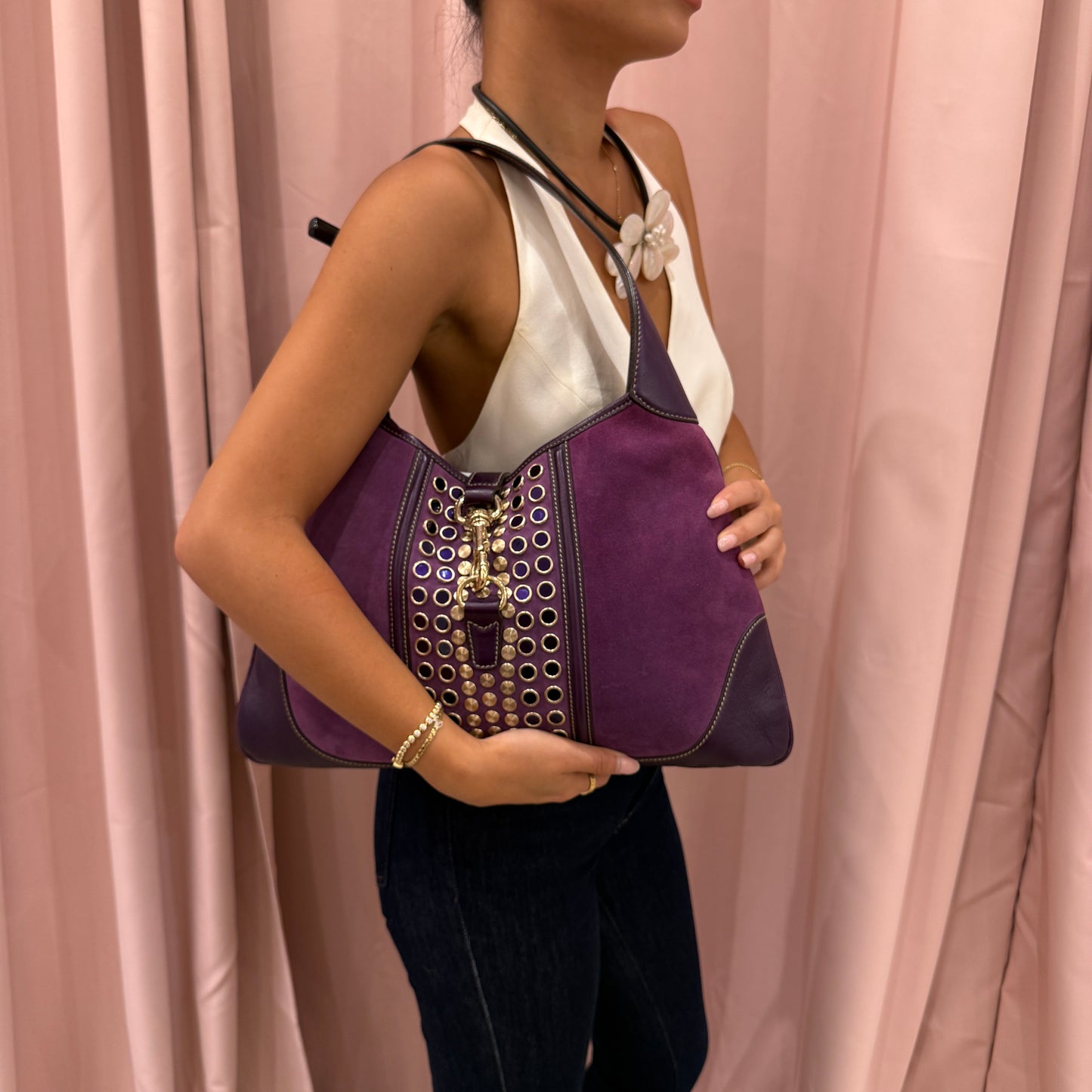 Gucci Purple Suede Studded Jackie Shoulder Bag