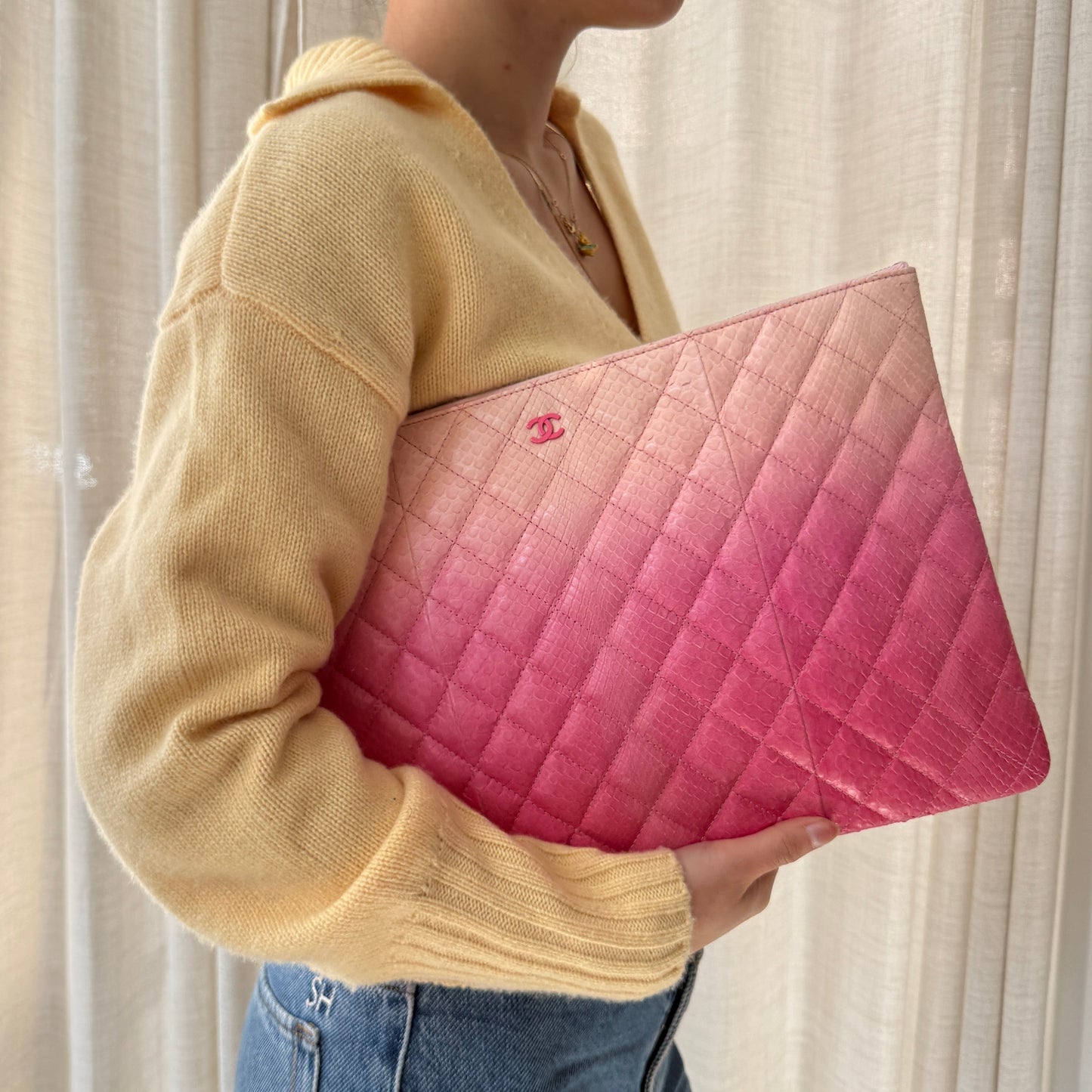 Chanel Pink Multicolored Snakeskin Leather Quilted Clutch Bag