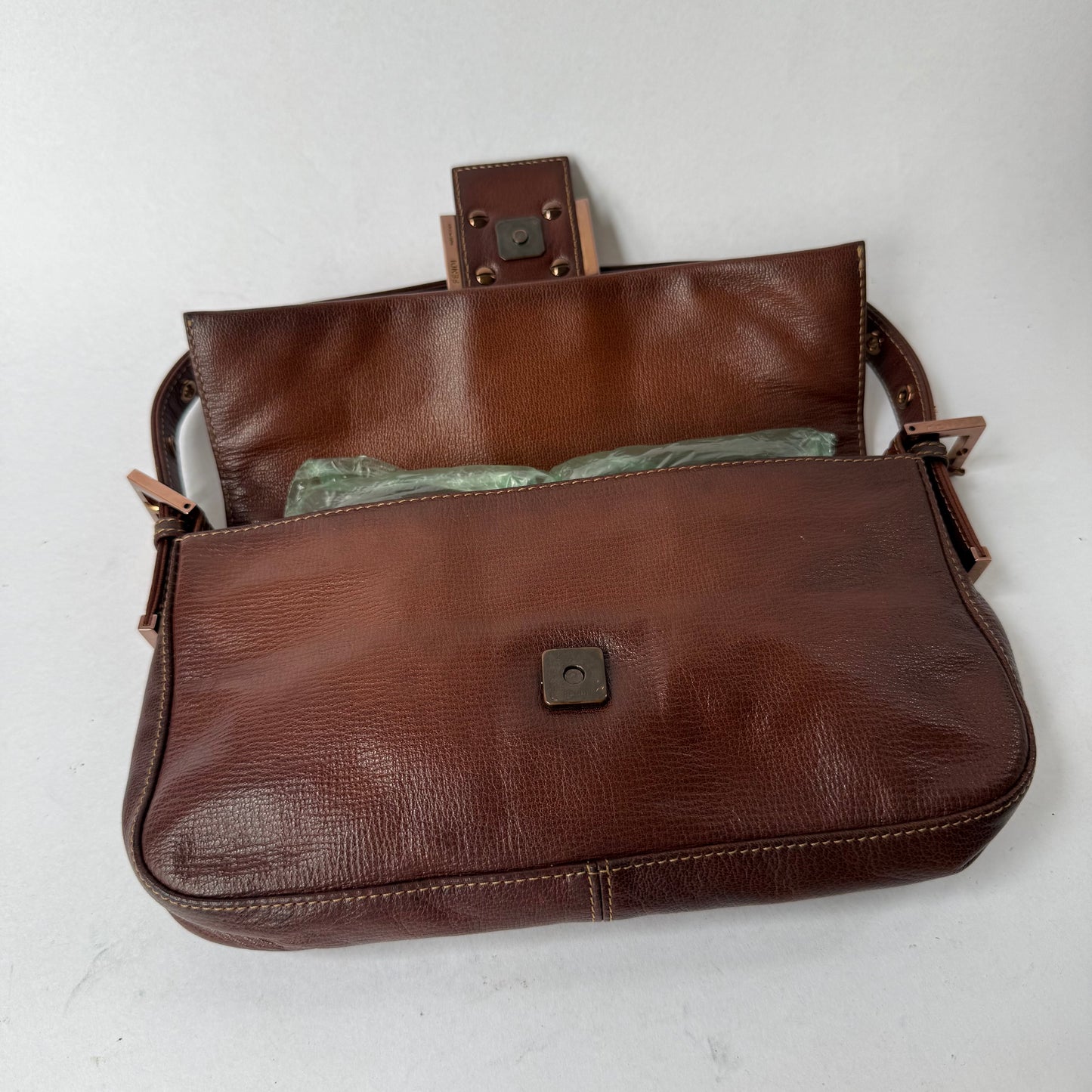 RARE Fendi Brown Leather Patina Black Stone Rose Gold HW Baguette Shoulder Bag