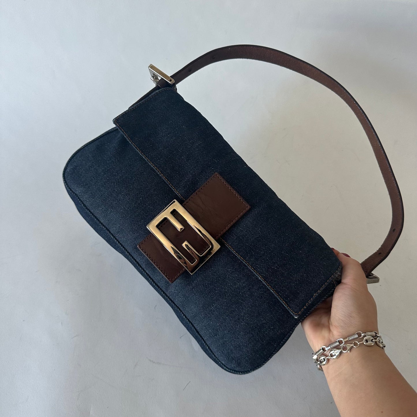 Fendi Denim Classic Baguette Shoulder Bag