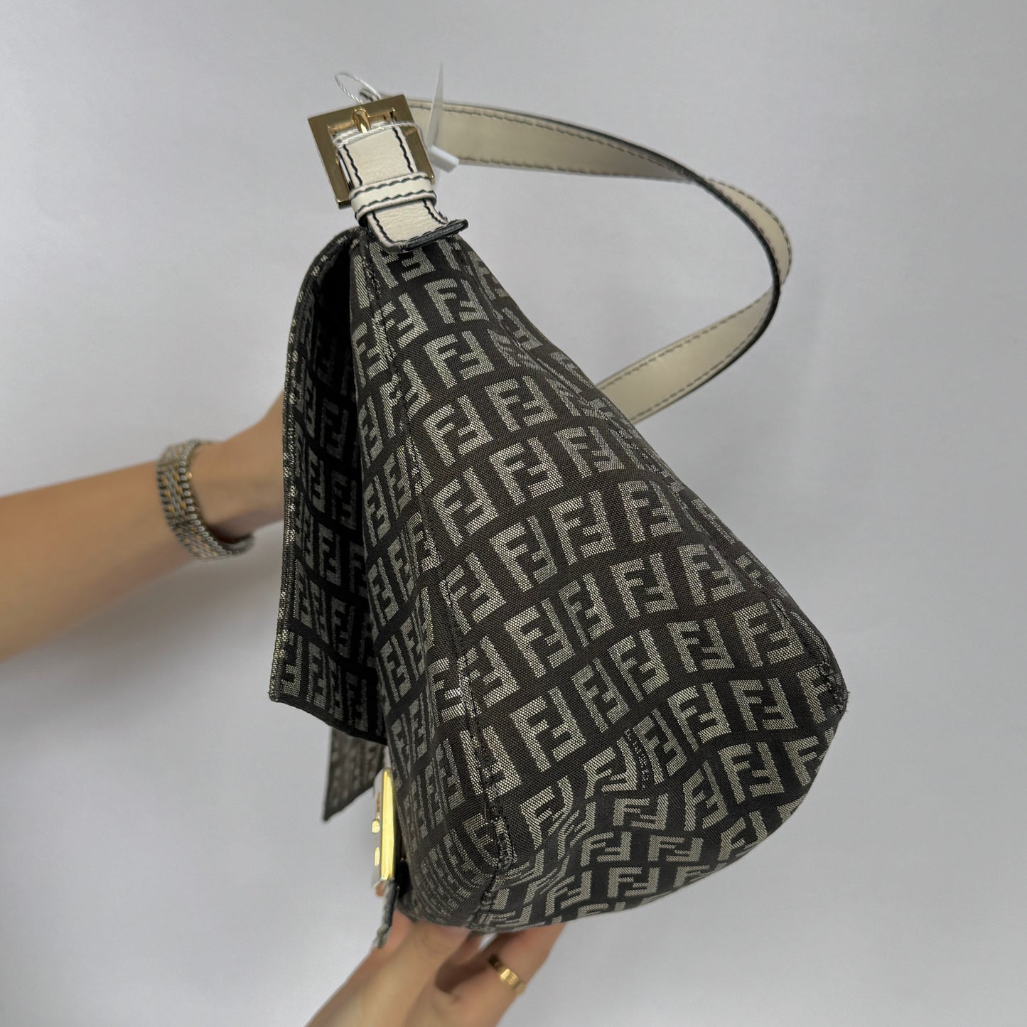 Fendi Zucchino Monogram White Leather Mama Baguette