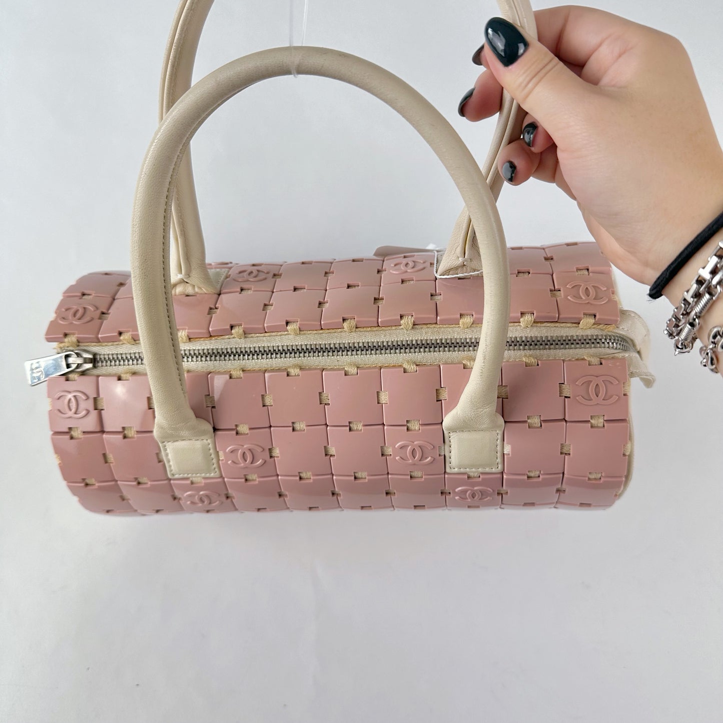 RARE Chanel Pink Puzzle Tiles Logo Barrel Cylinder Bag