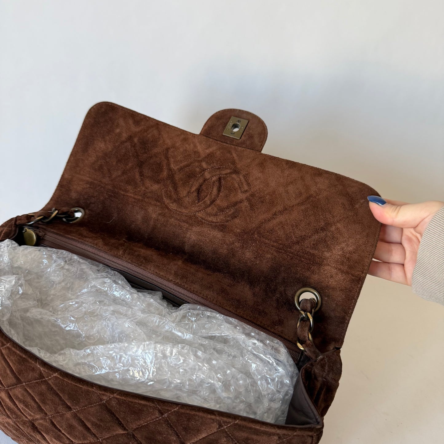 Chanel Brown Suede Antique Gold Hardware Large Flap