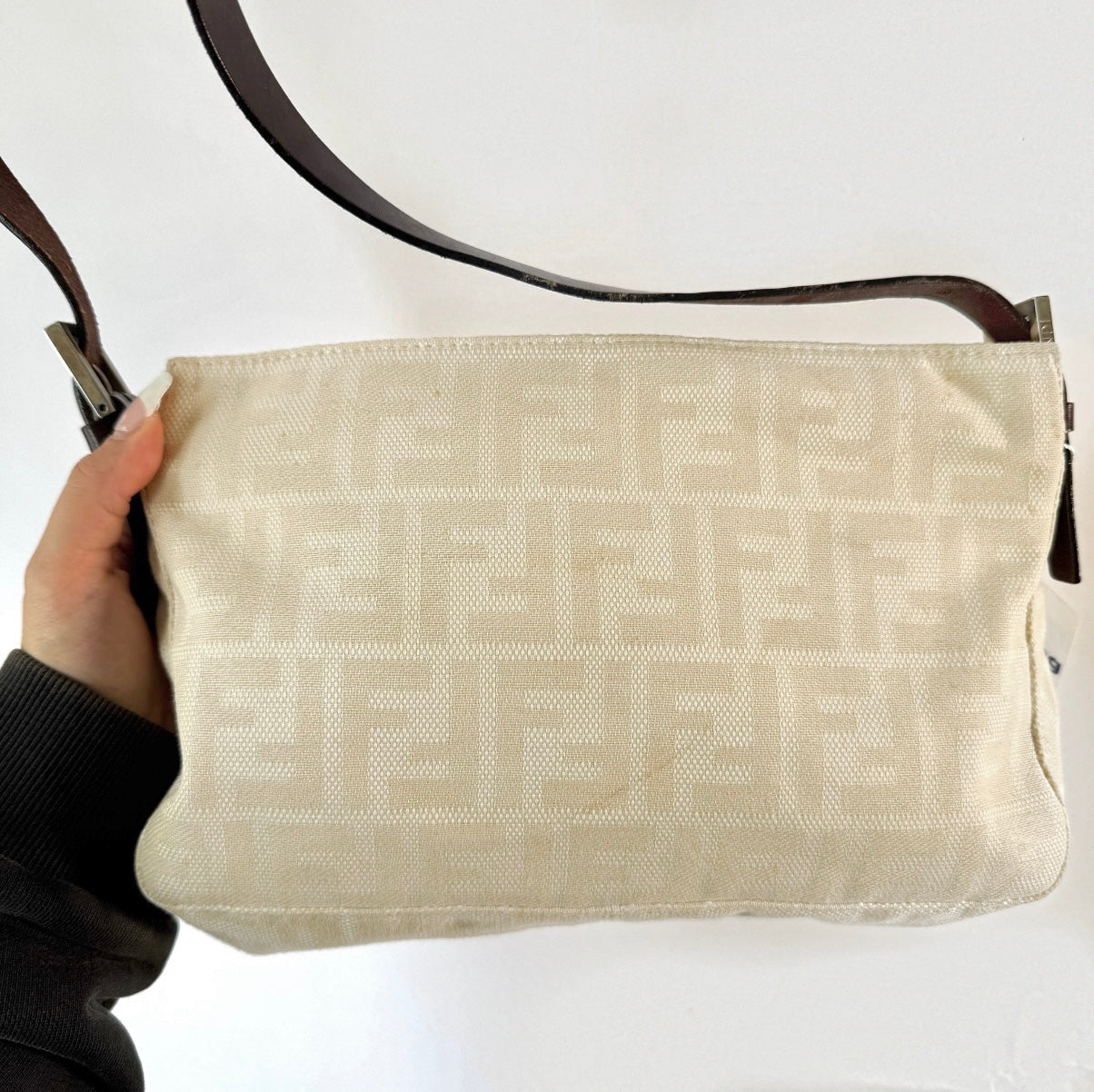 Fendi Cream Canvas Zucca Shoulder Baguette Bag