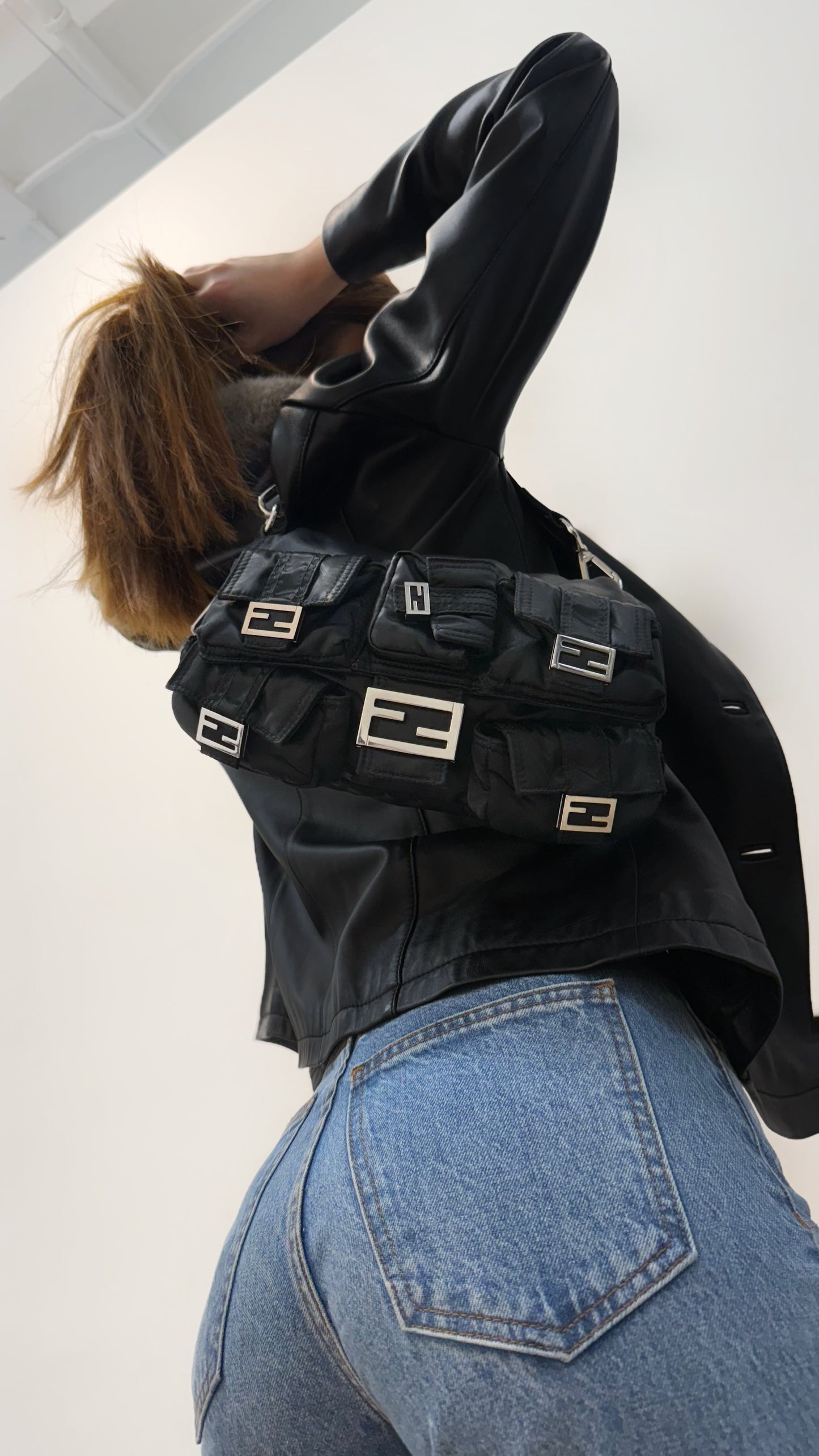 Fendi AW22 Multi Pocket Black Nylon Baguette