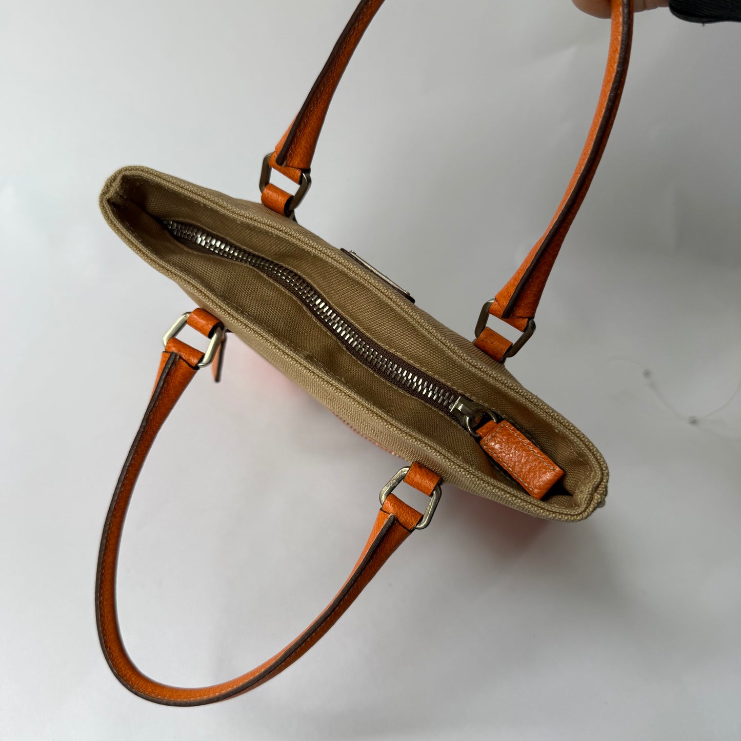 Prada Beige Canvas & Orange Leather Flat Tote Bag