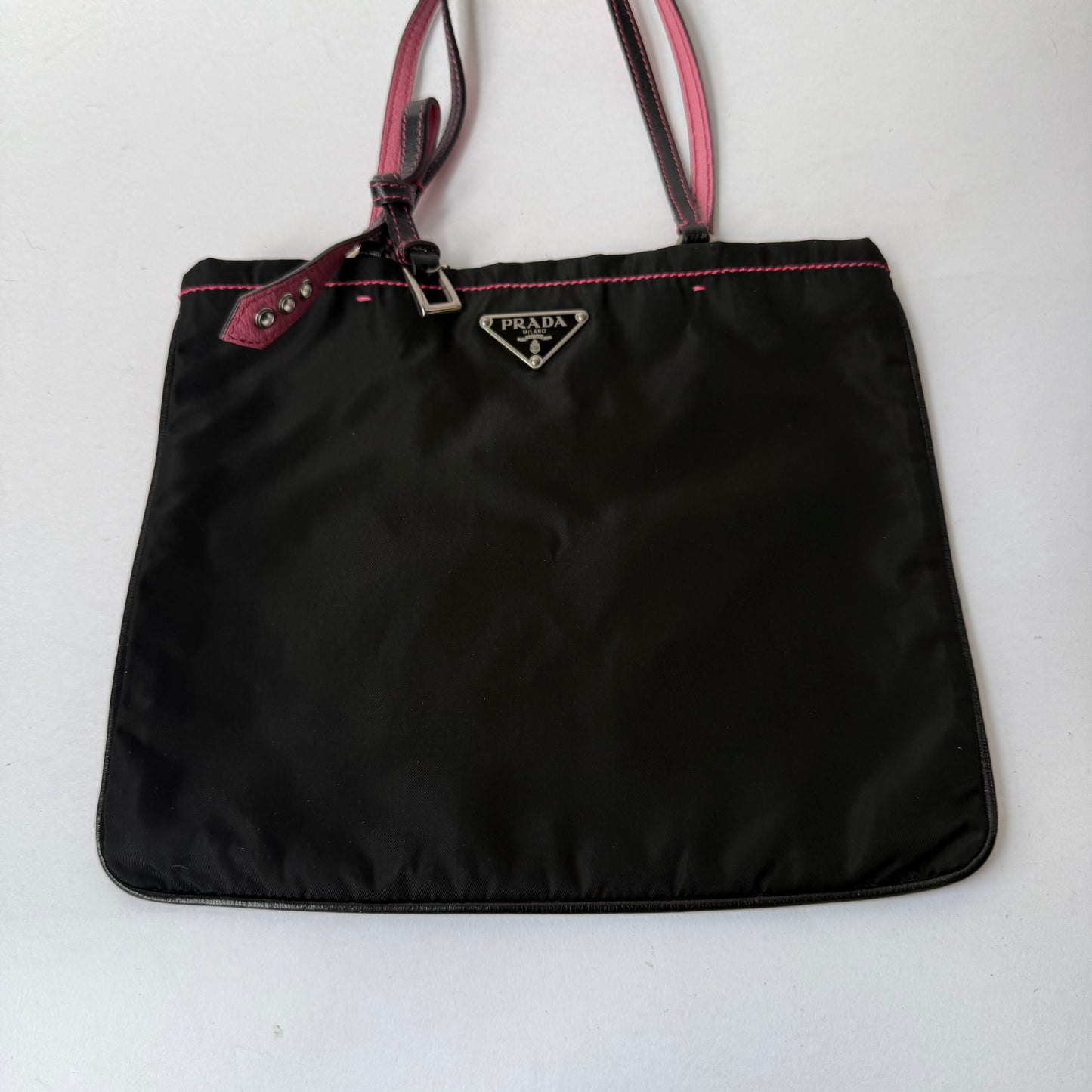 Prada Black Nylon & Pink Trim Small Tote Bag