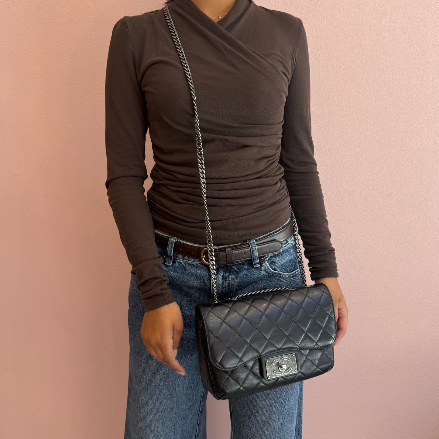 Chanel 2015 Black Lambskin Leather Quilted Medium Flap
