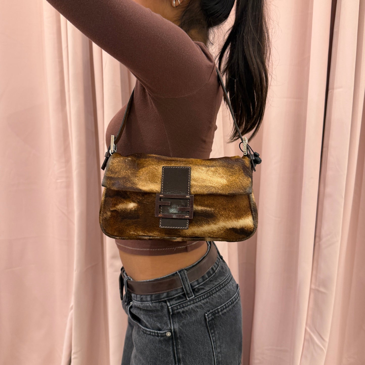 Fendi Brown Ponyhair Baguette Shoulder Bag