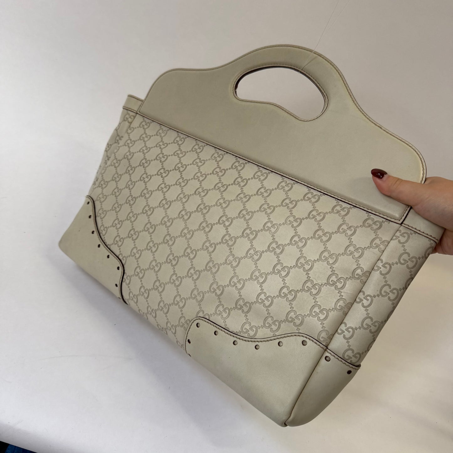 Gucci White Leather Monogram Guccissima Hobo Top Handle Bag