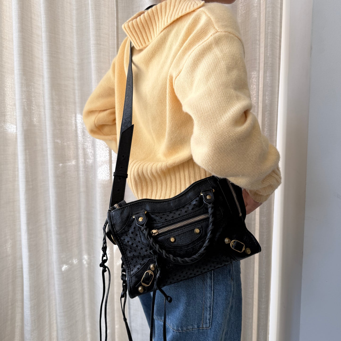 Balenciaga Black Perforated Leather Mini City Bag w/ Crossbody Strap