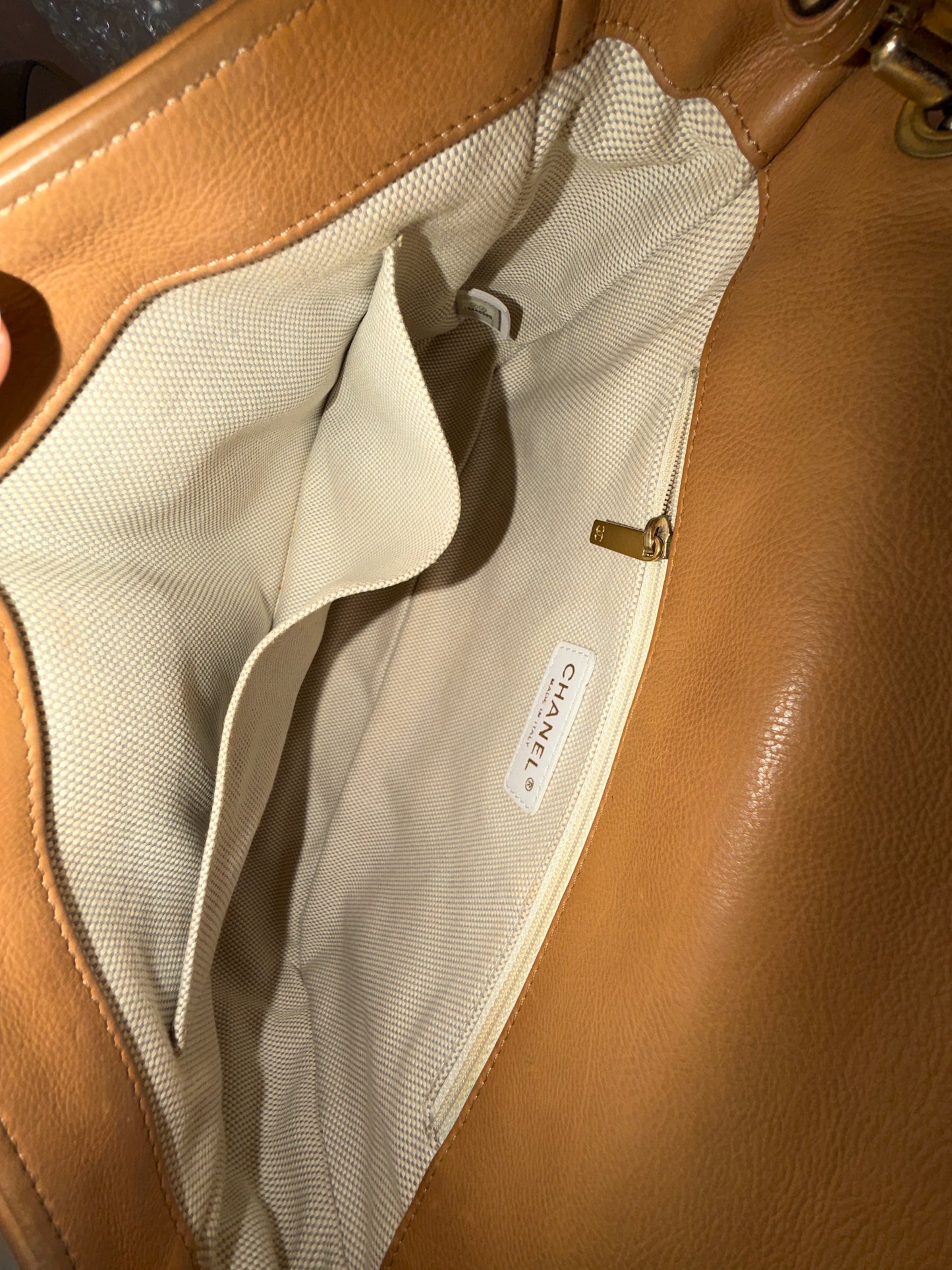 Chanel Beige Calfskin Leather Quilted CC Straight Flap