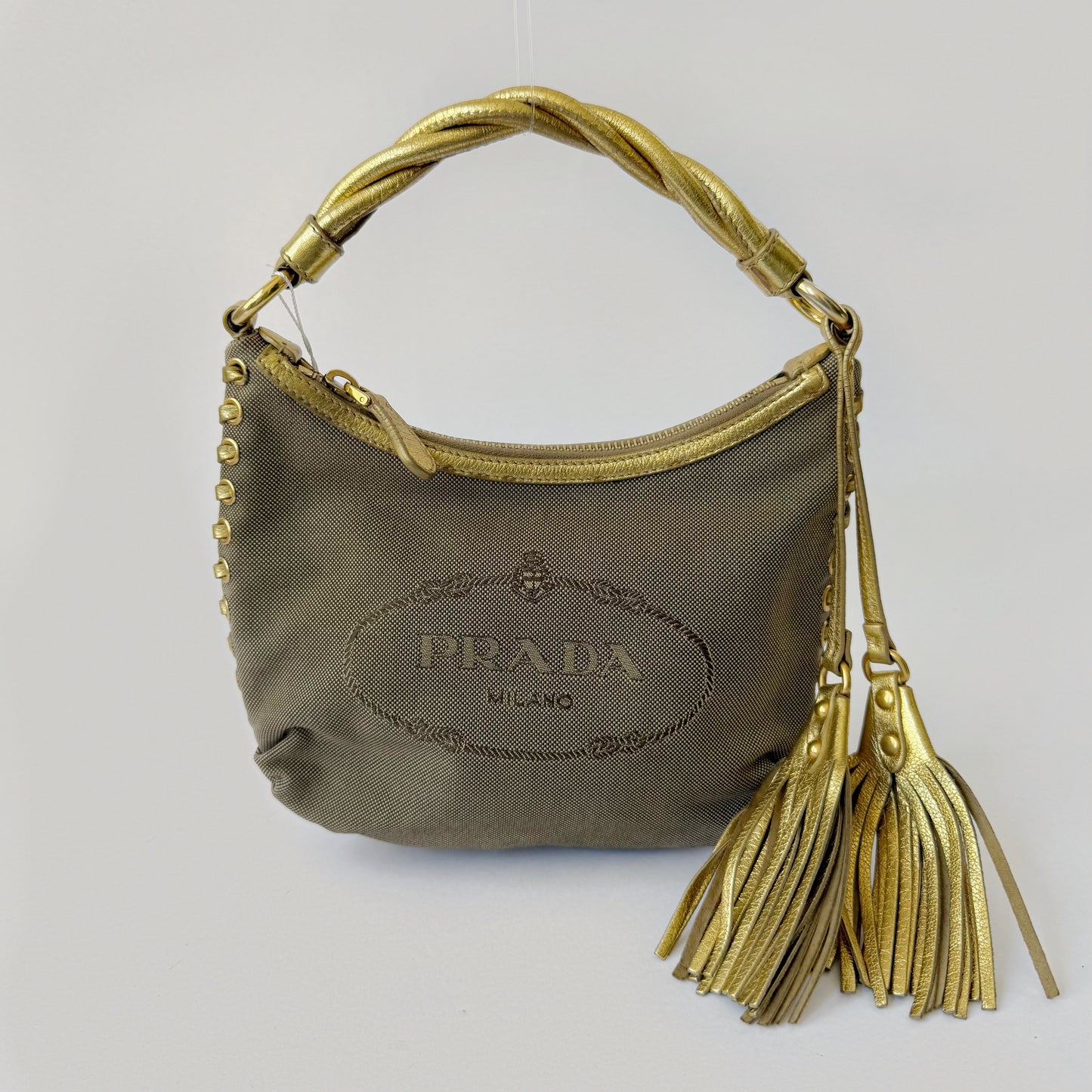 Prada Beige & Gold Canvas Shoulder Bag