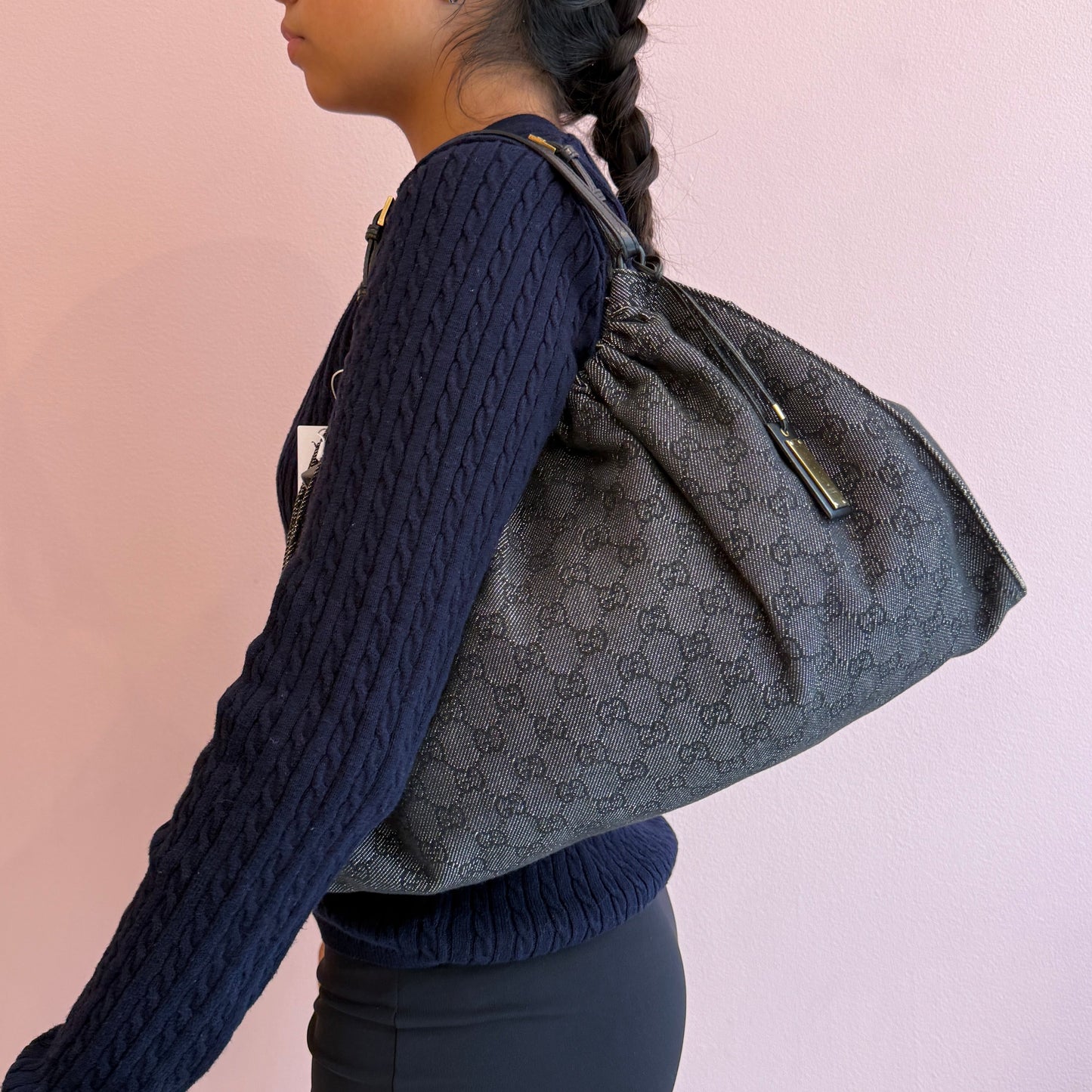 Gucci Black Denim Monogram Top Handle Bag