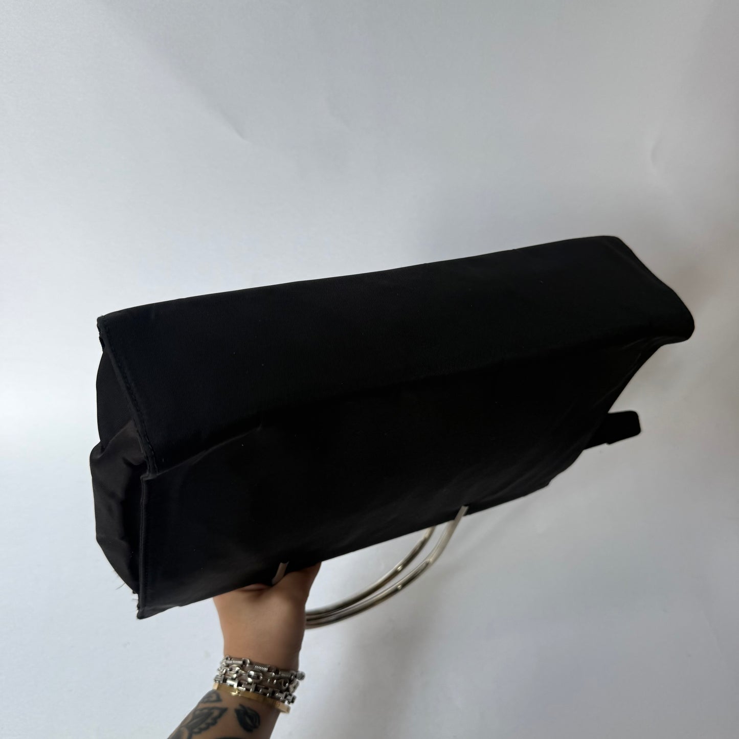 Prada Black Nylon Metal Handle E/W Tote Bag