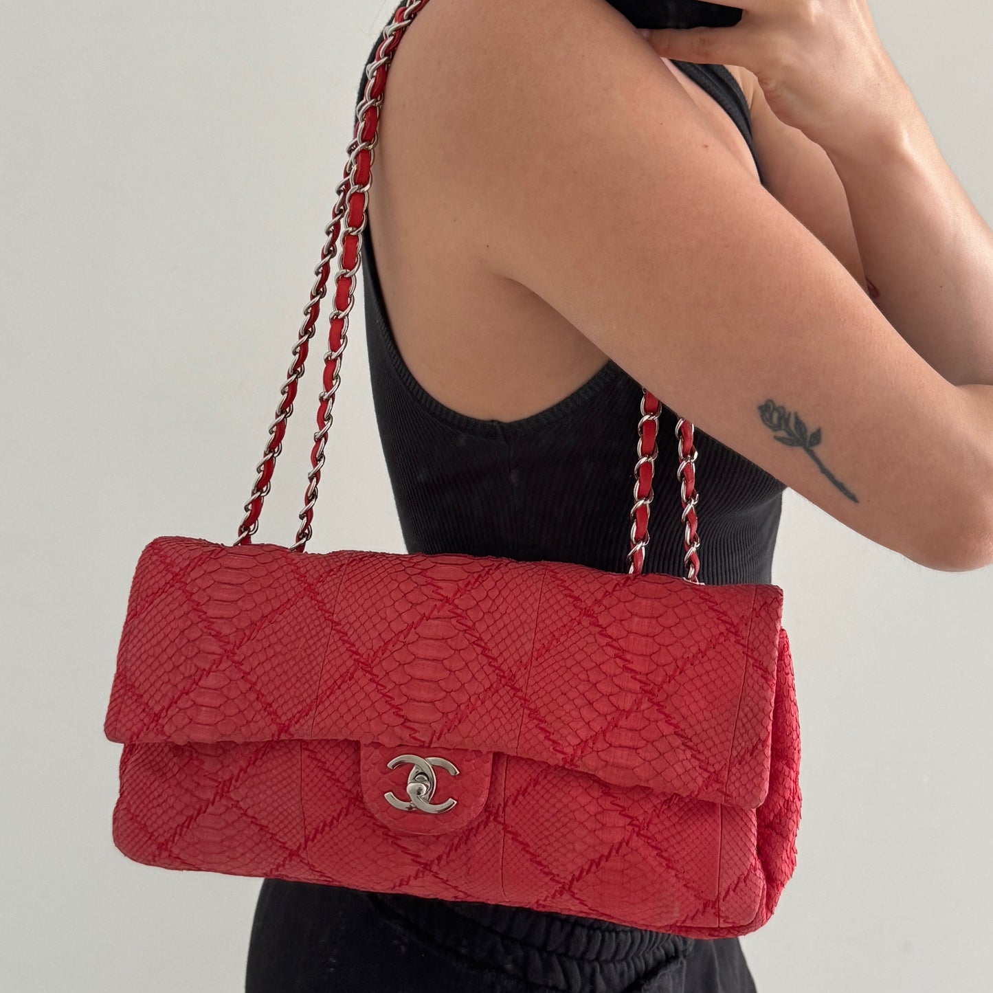 Chanel 2011 Red Python E/W Flap Bag