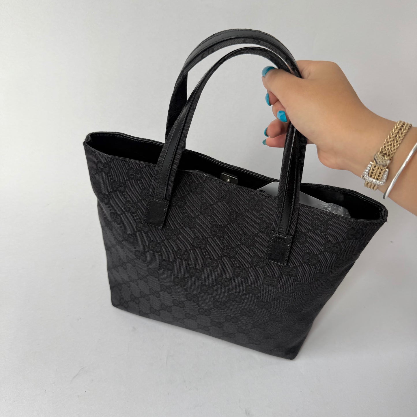 Gucci Black Monogram Double Front Pocket Tote Bag