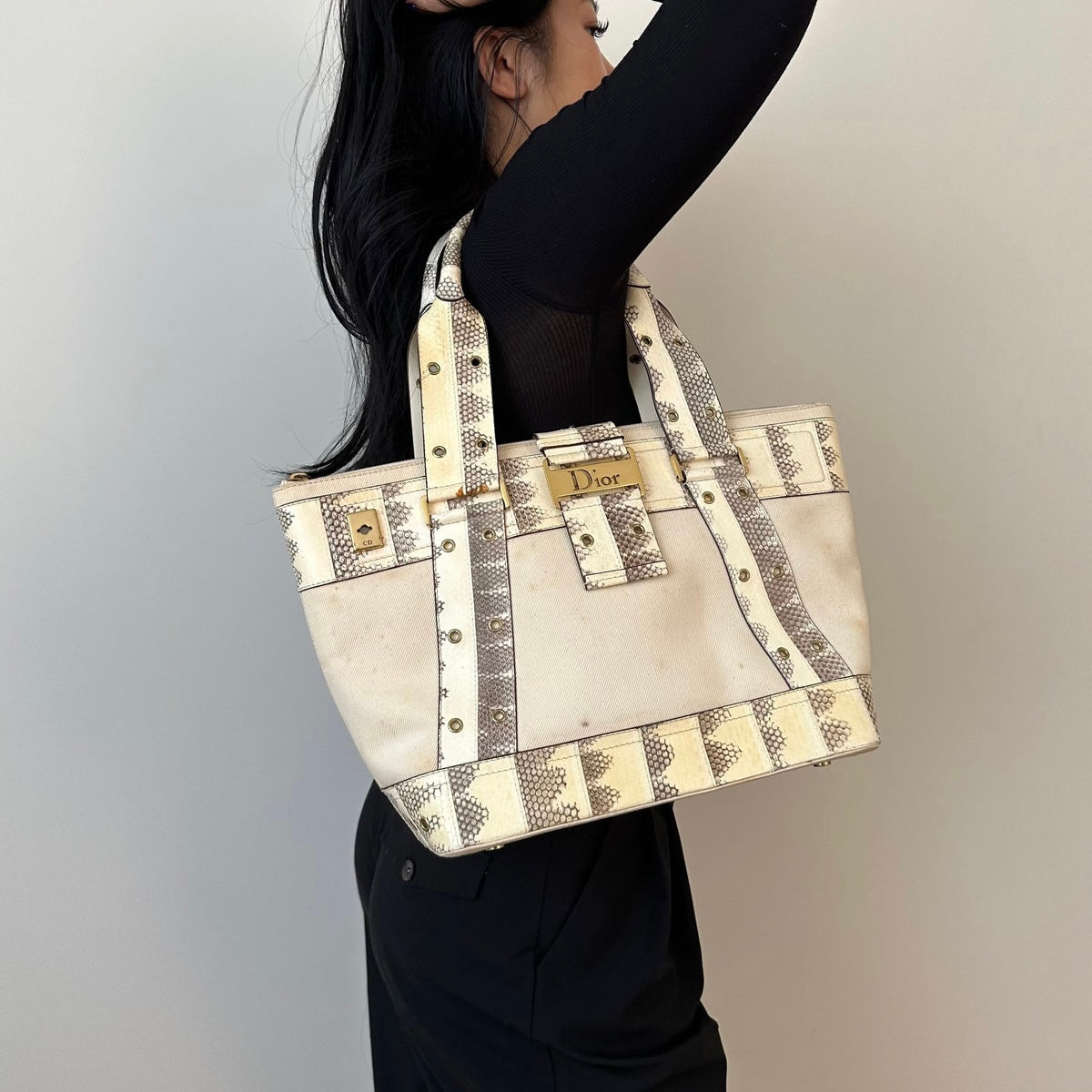 Christian Dior Cream & Snakeskin Leather Trim Street Chic Moto Shoulder Bag