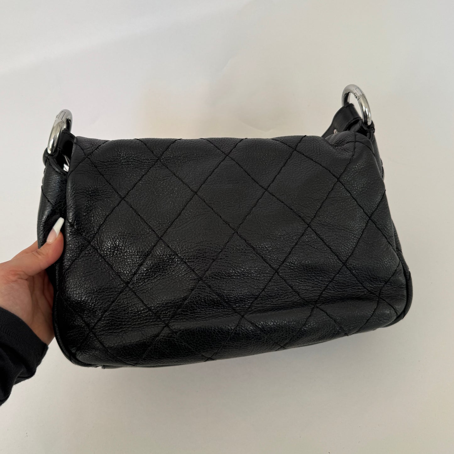 Chanel Black Pebbled Leather Stitched On The Road Shoulder Flap Bag