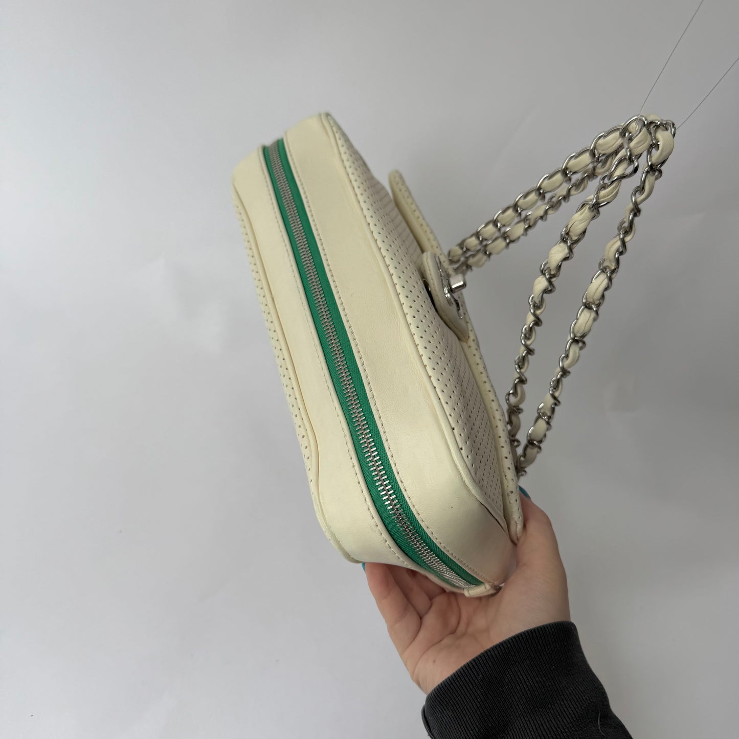 Chanel White Perforated Green Bottom Zipper Flap Bag