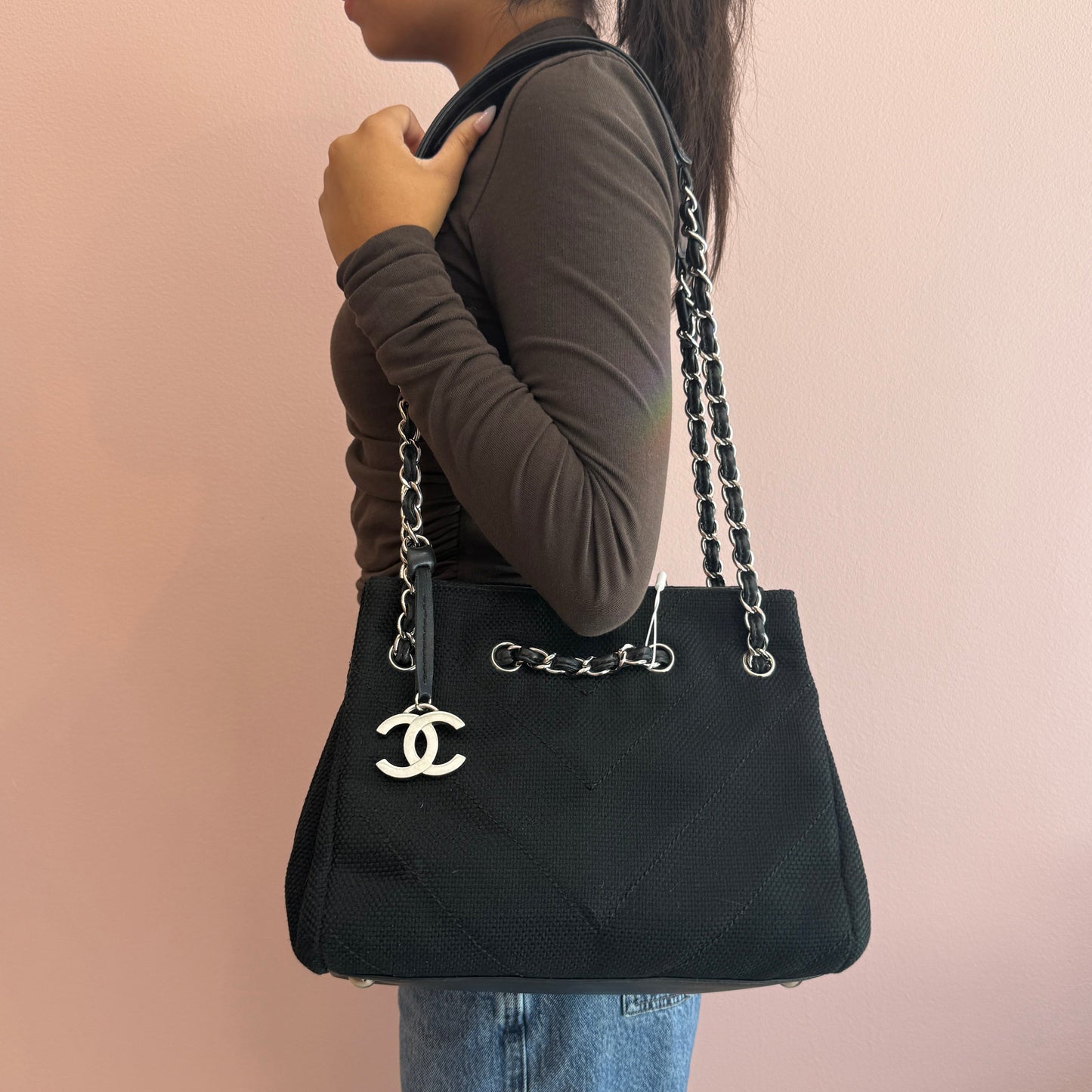 Chanel 2006 Black Knitted Chevron Tote Bag