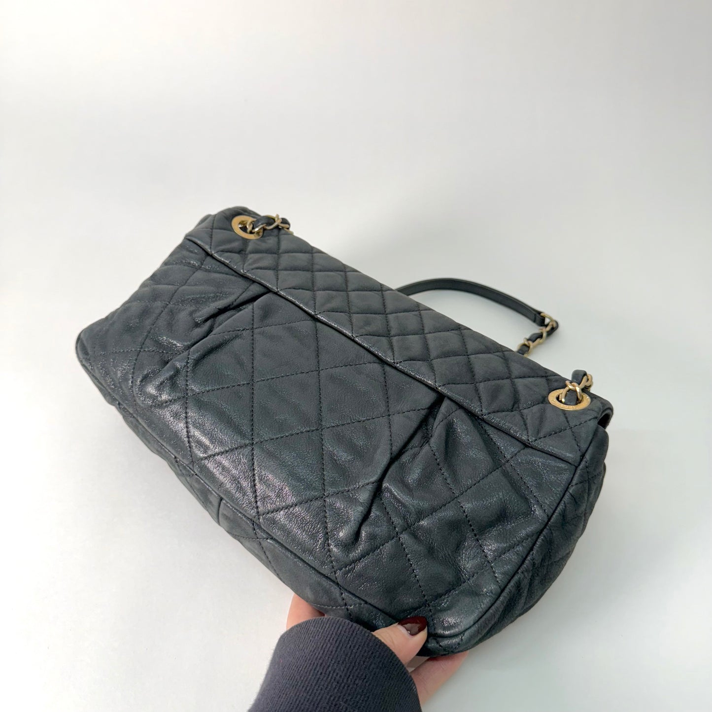 Chanel Dark Gunmetal Shiny Lambskin Flap Shoulder Bag w/ Chain Strap