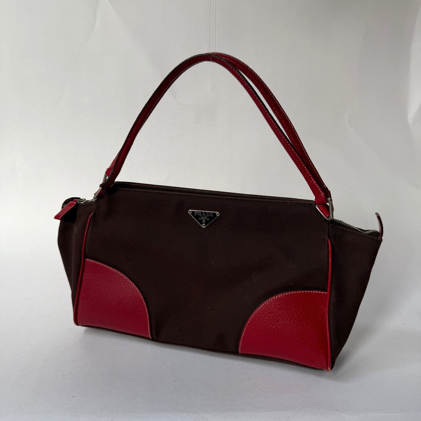 Prada Brown Canvas & Red Leather Shoulder Tote Bag