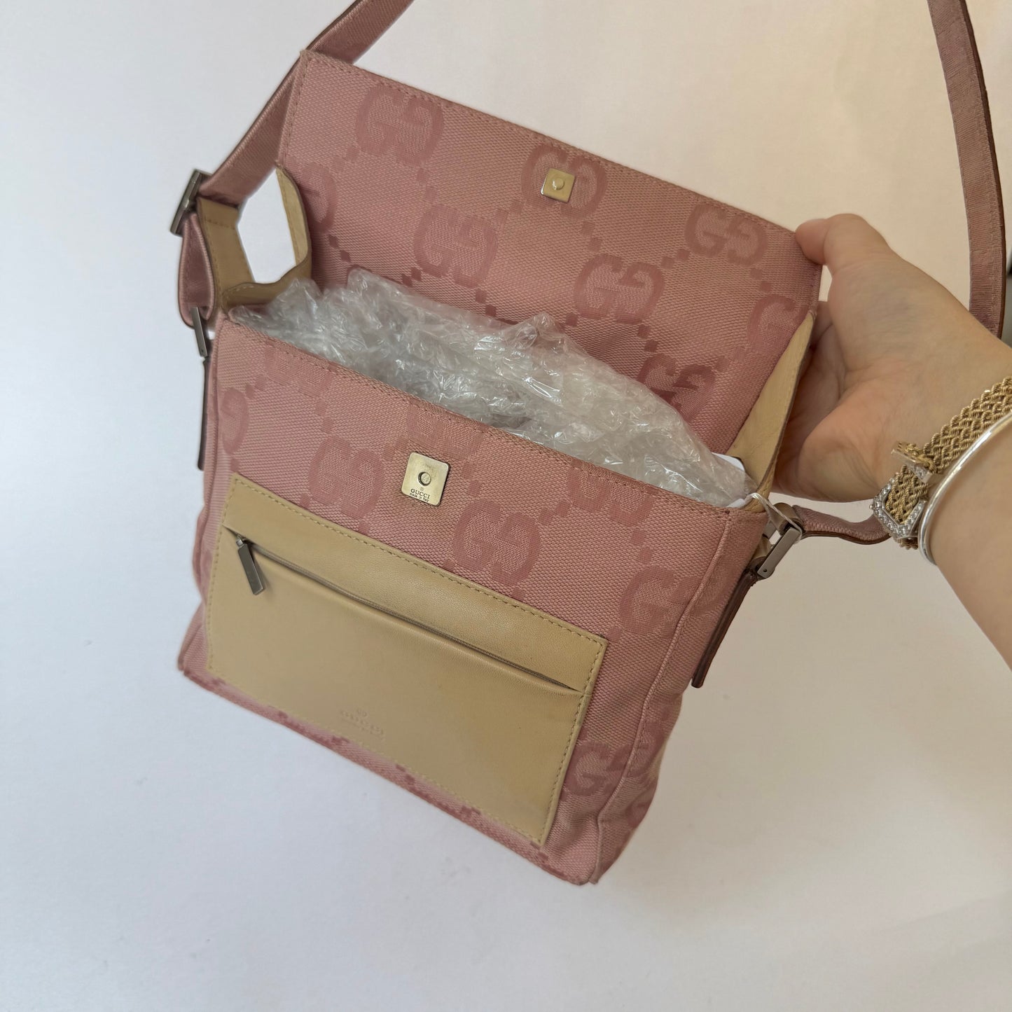 Gucci Pink Monogram & Beige Leather Shoulder Bag
