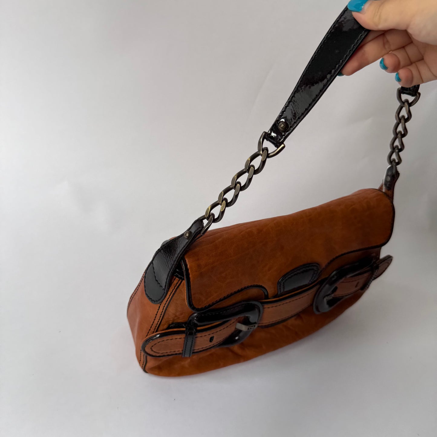 Fendi Brown Pebbled Leather Double Buckle Shoulder Bag