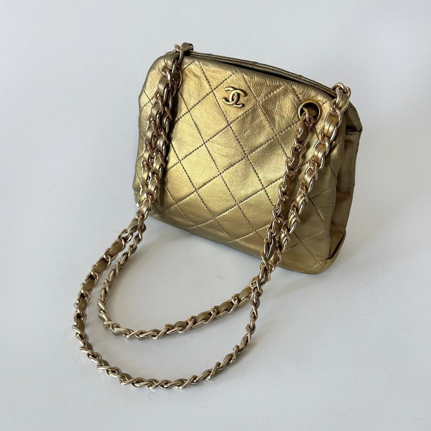 Chanel 1990 Gold Lambskin Kisslock Shoulder Bag