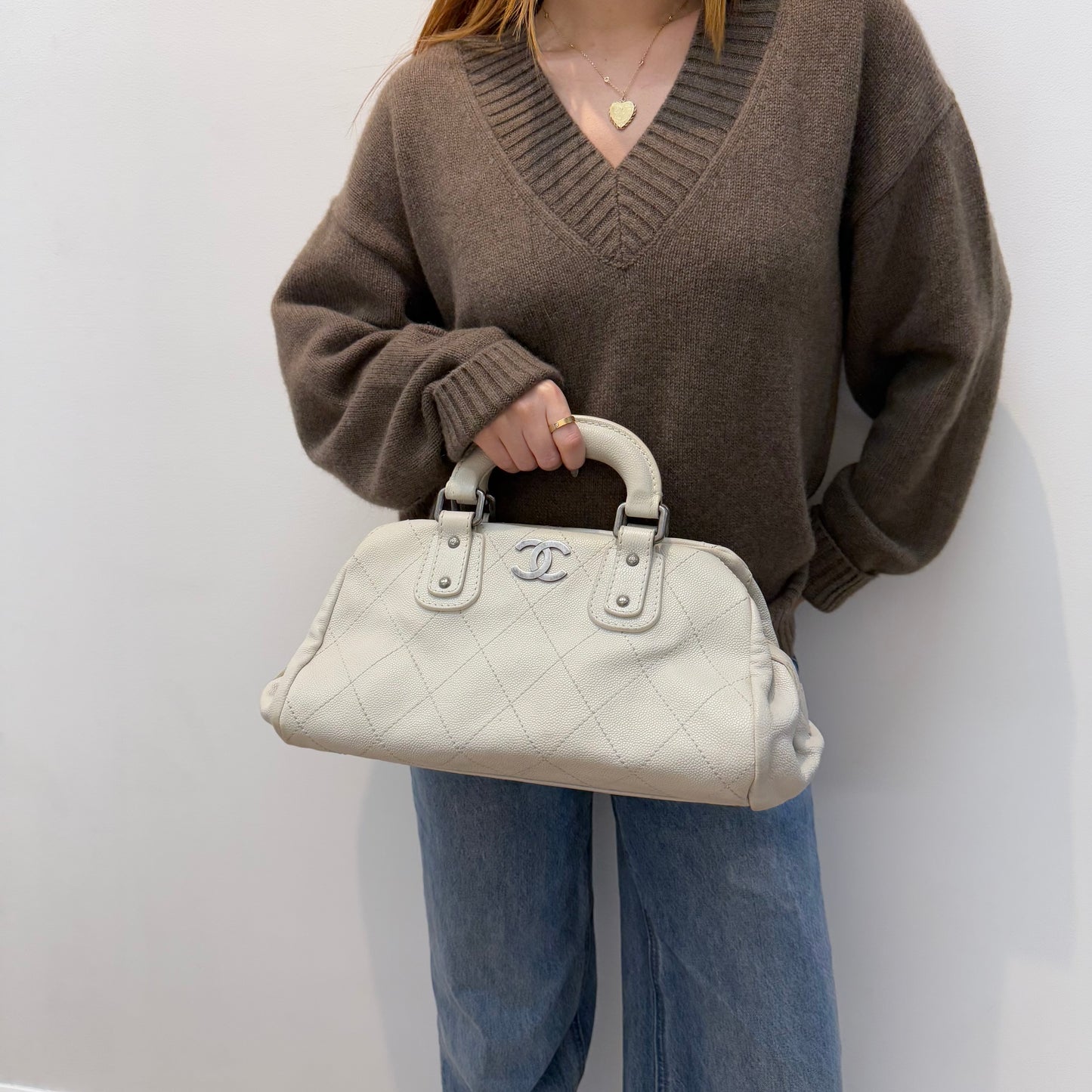 Chanel Cream Caviar Top Handle Bowler Bag