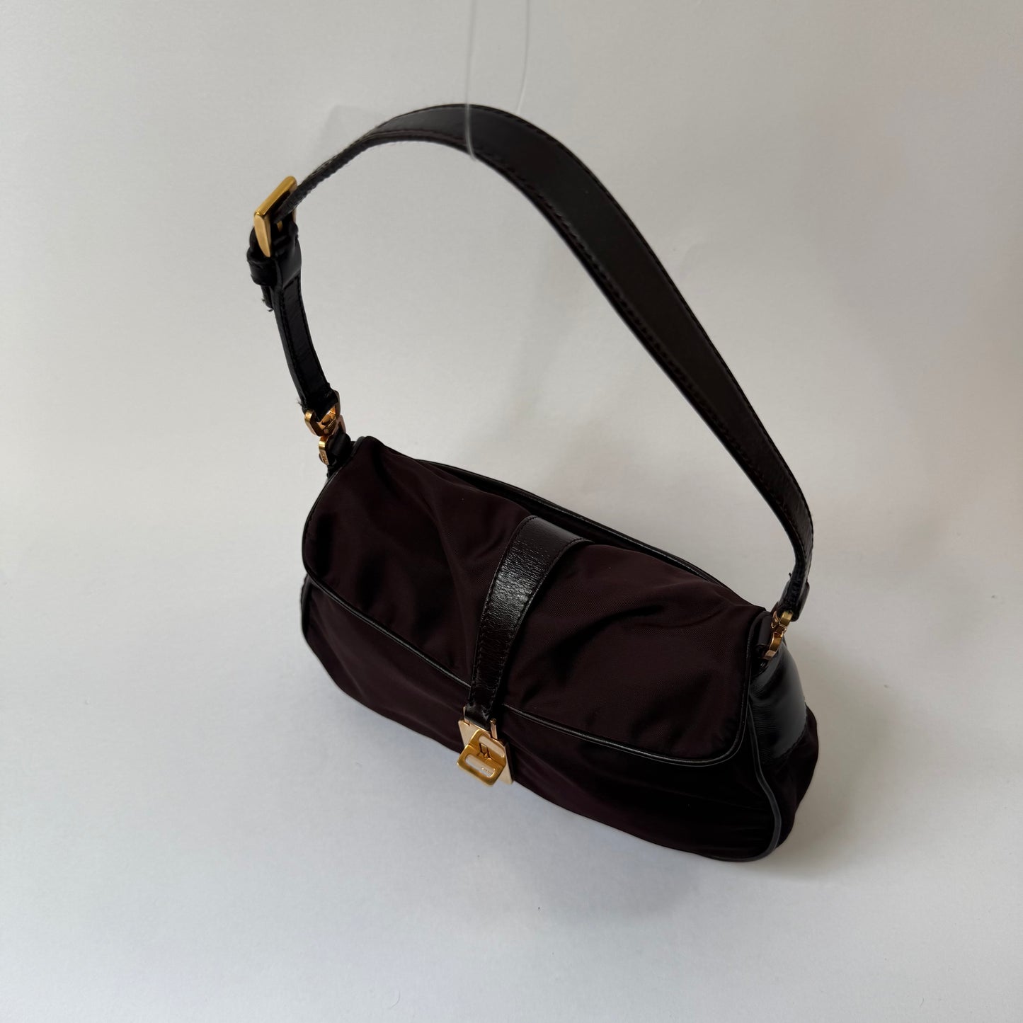 Prada Brown Nylon Reversible Turn Lock Shoulder Bag
