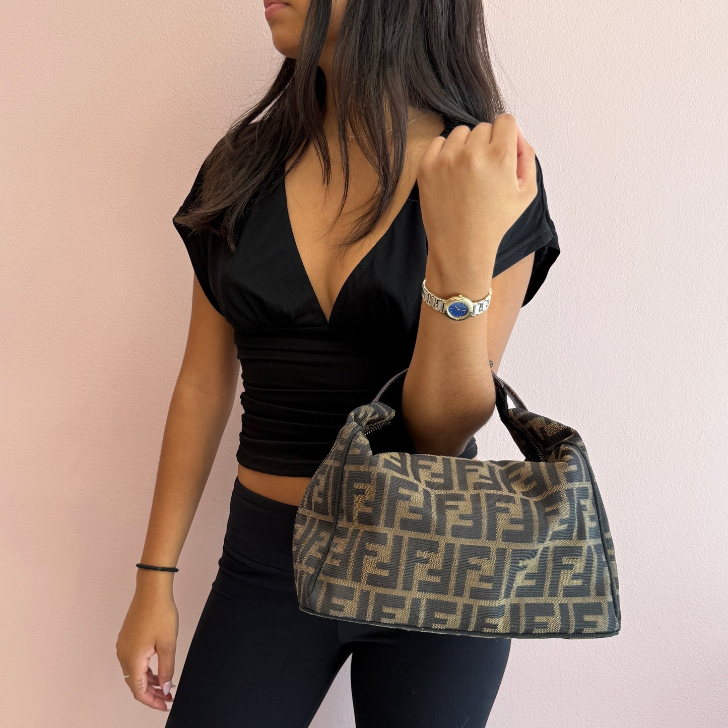 Fendi Brown Zucca Canvas Clip Top Vanity Bag