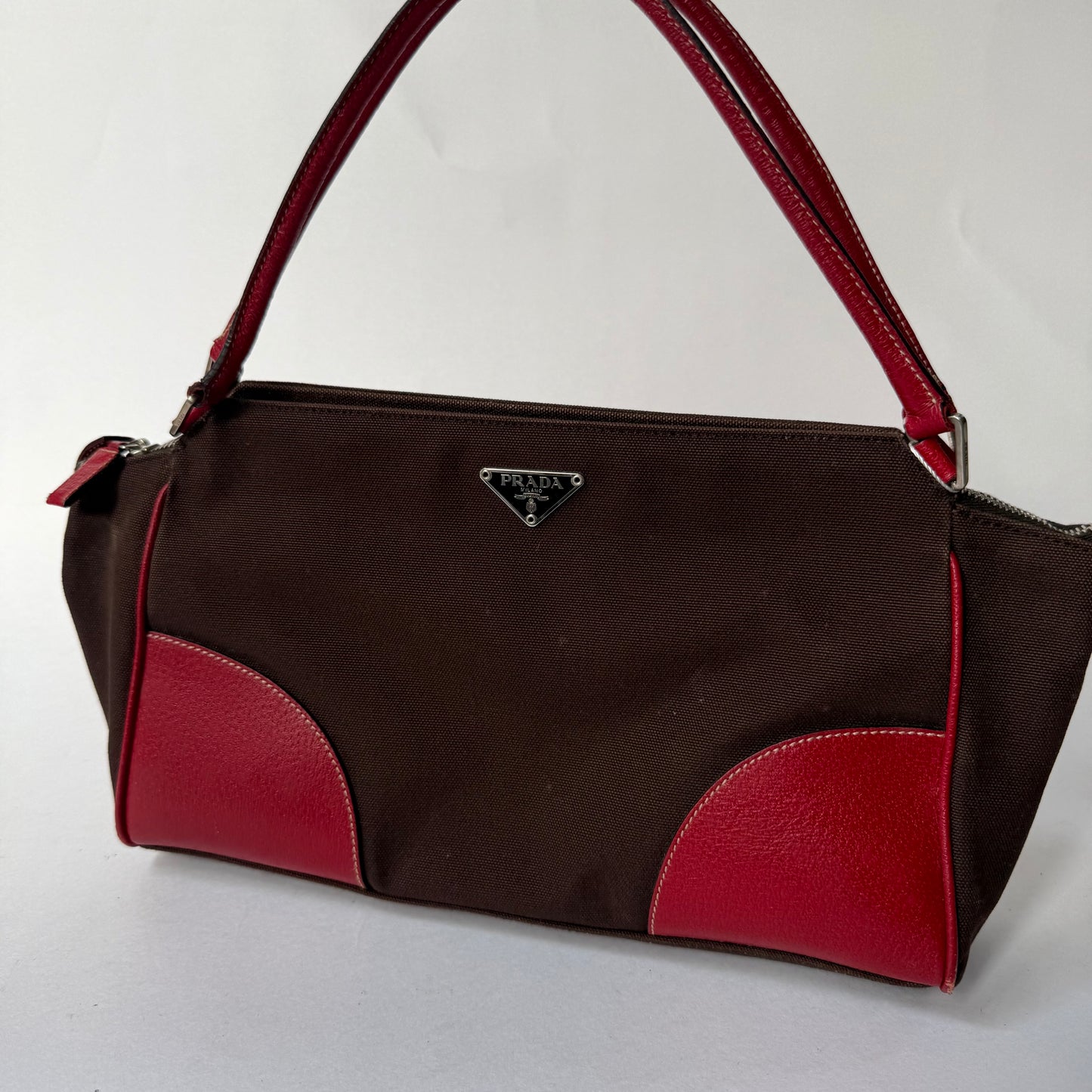 Prada Brown Canvas & Red Leather Shoulder Tote Bag