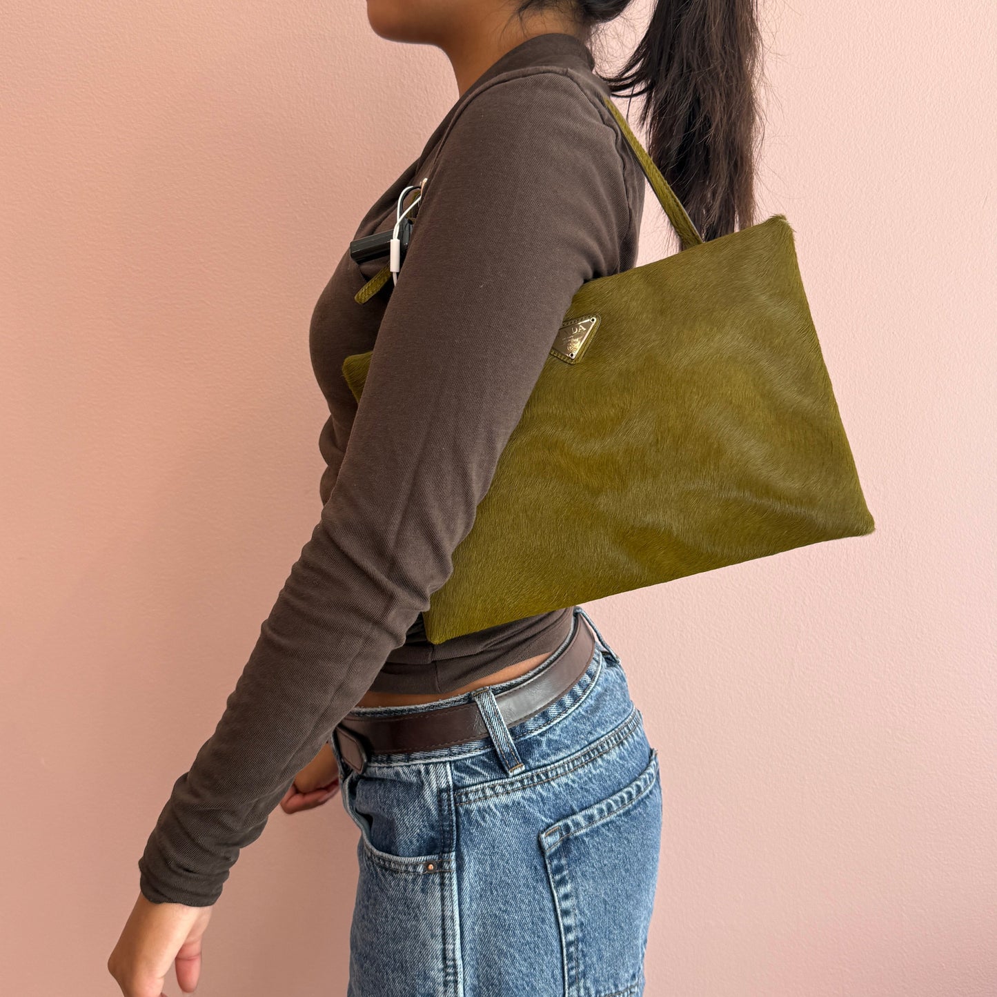 Prada Green Pony Hair Square Top Handle Bag