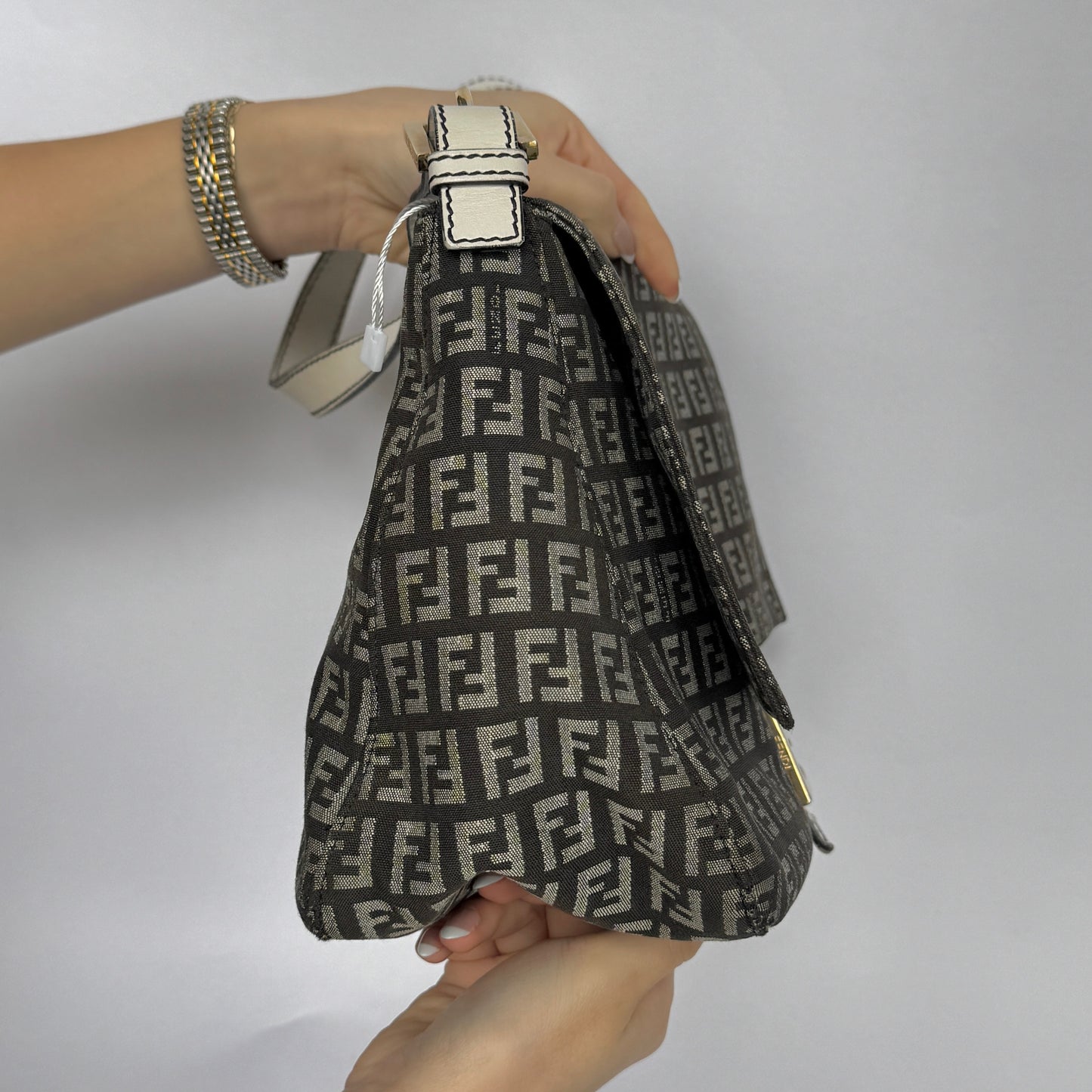 Fendi Zucchino Monogram White Leather Mama Baguette