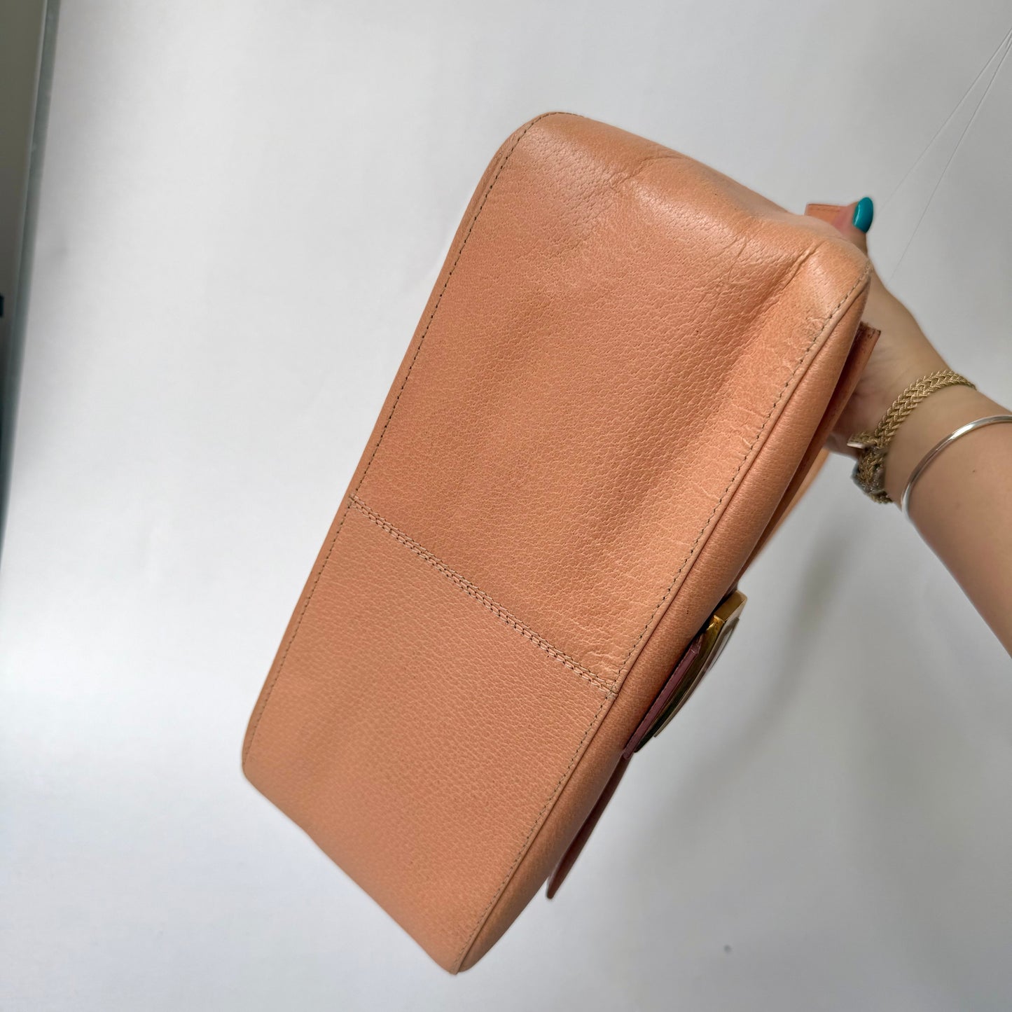 Fendi Peach Pebbled Leather Mama Baguette w/ Stone Plaque