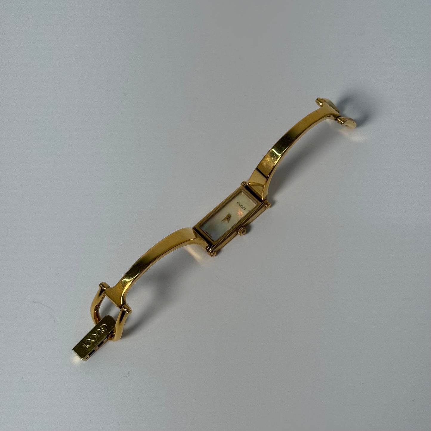 Gucci Gold Pearl Dial Horsebit Bangle Watch