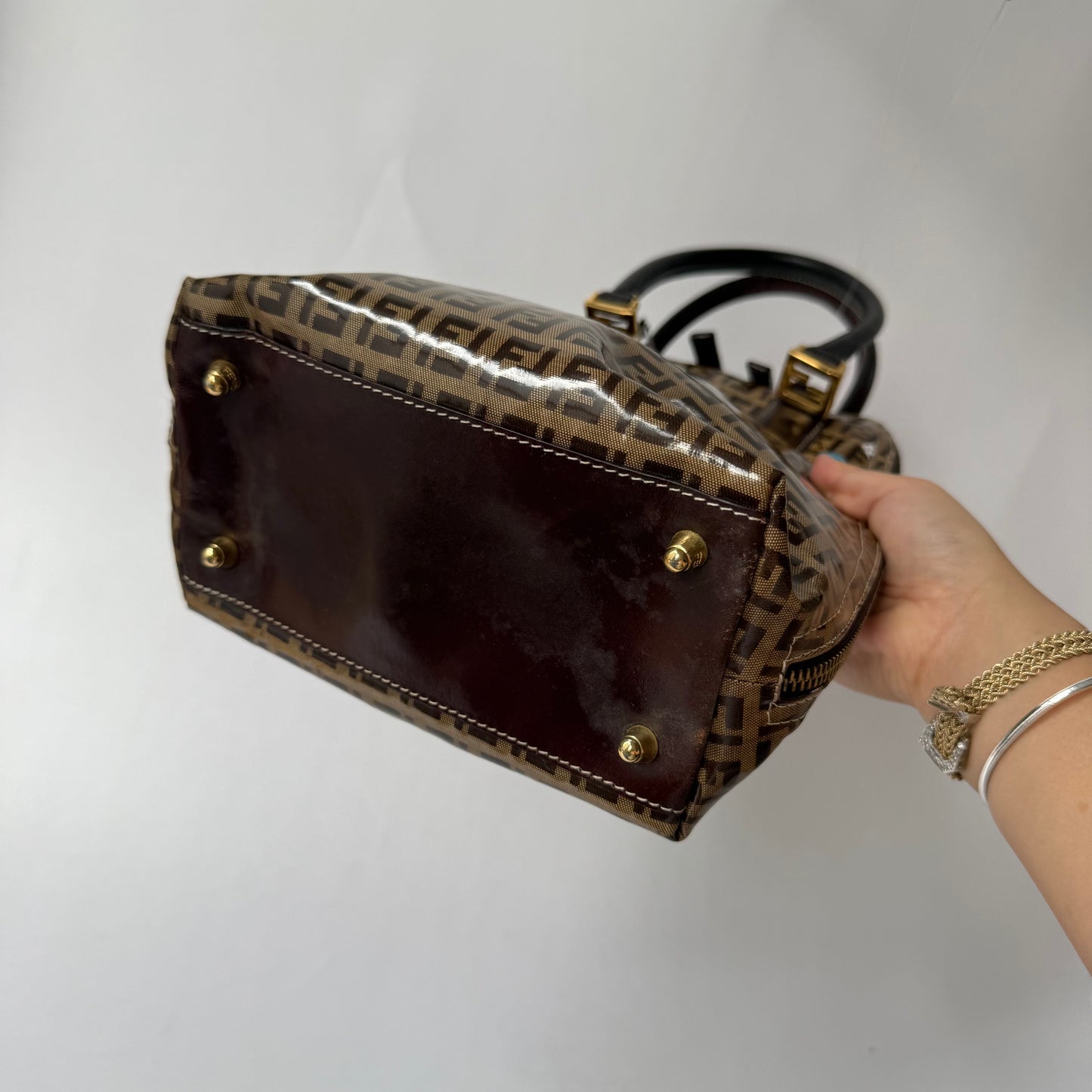 Fendi Brown Zucchino Patent Leather Vertical Bowler Bag