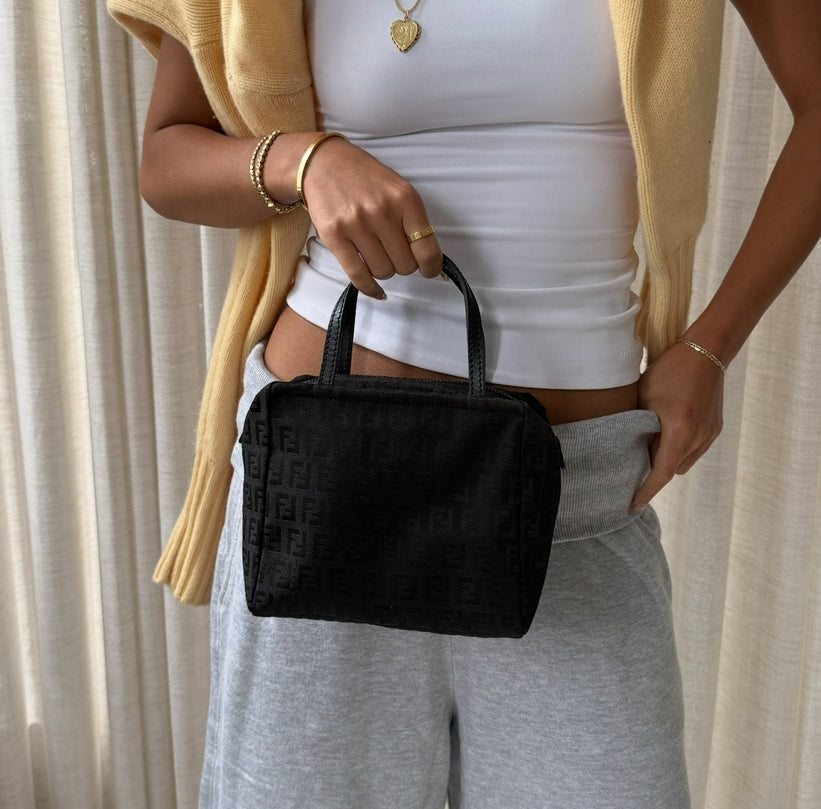 Fendi Black Zucchino Monogram Mini Nylon Top Handle Tote