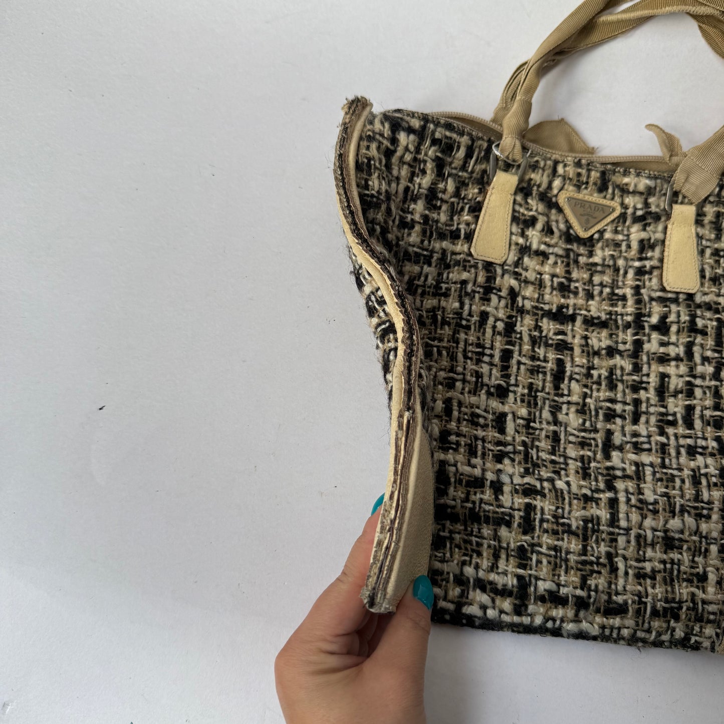 Prada Woven Tweed & Cream Leather Tweed Bag